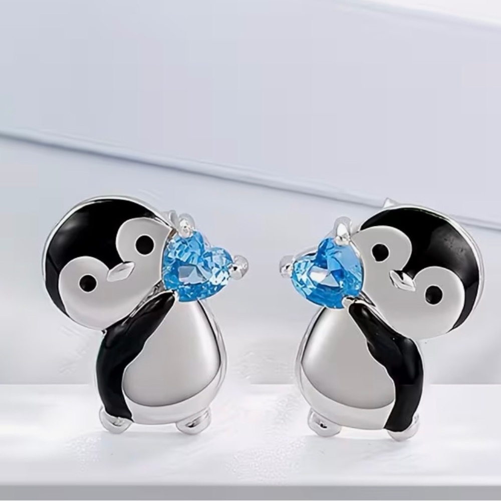 Adorable Penguin in Silver and Black with Blue Hearts Earrings